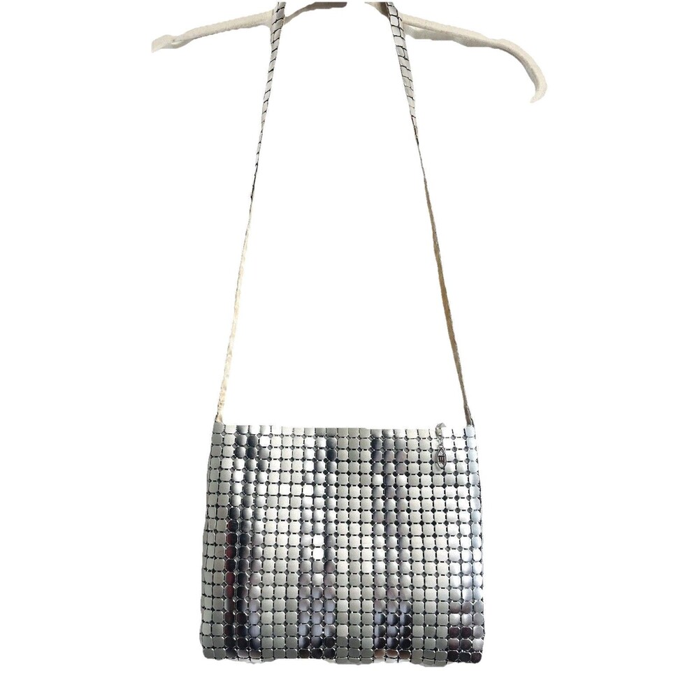 Marlo Retro 80's Silver Metal Square Evening Mesh Shoulder-Crossbody Hand Bag